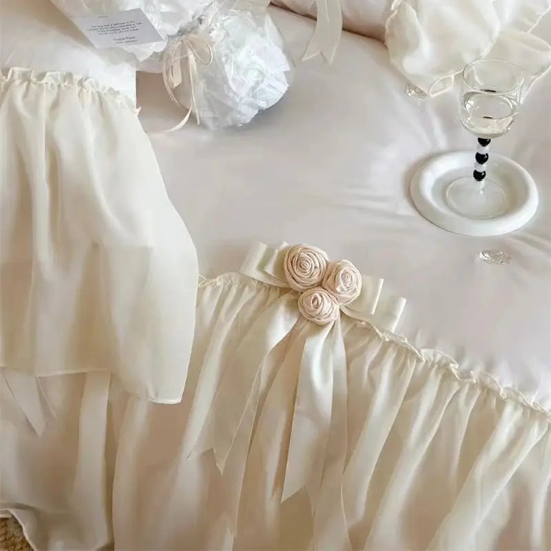 Afralia™ Romantic Rose Lace Ruffles Princess Wedding Bedding Set - 1200TC Egyptian Cotton