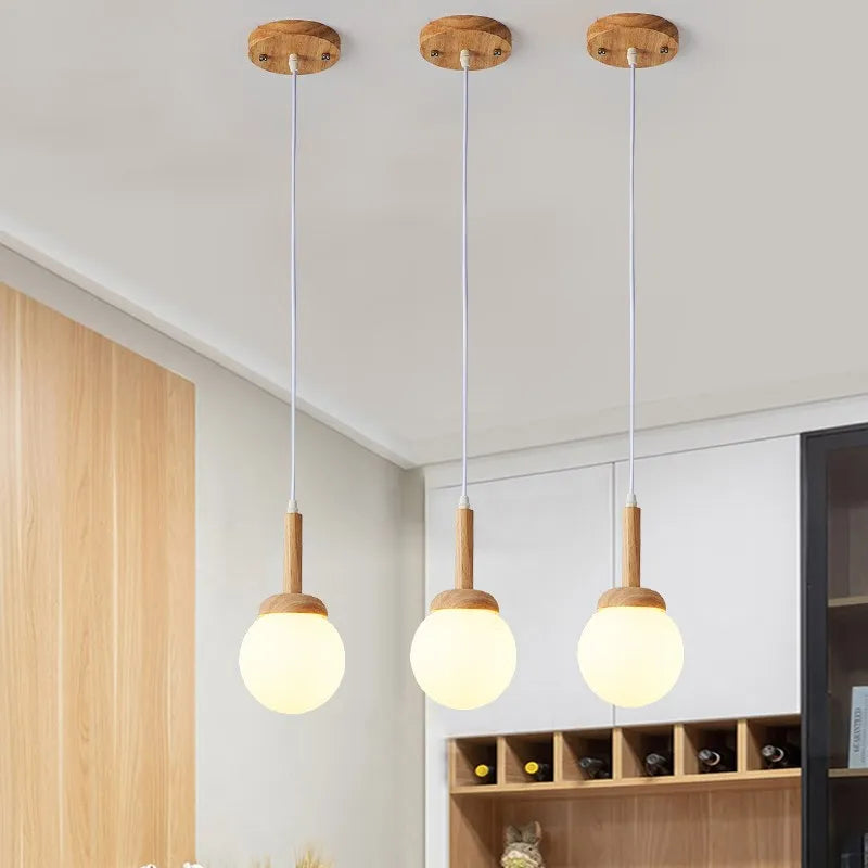 Afralia™ Nordic Wood LED Circular Ball Chandelier - Modern Pendant Light for Restaurant and Kitchen Island