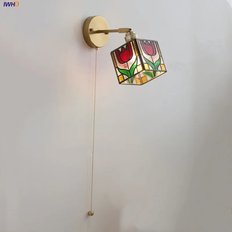Afralia™ Colorful Square Glass LED Wall Lights with Pull Chain Switch, Tiffany Style