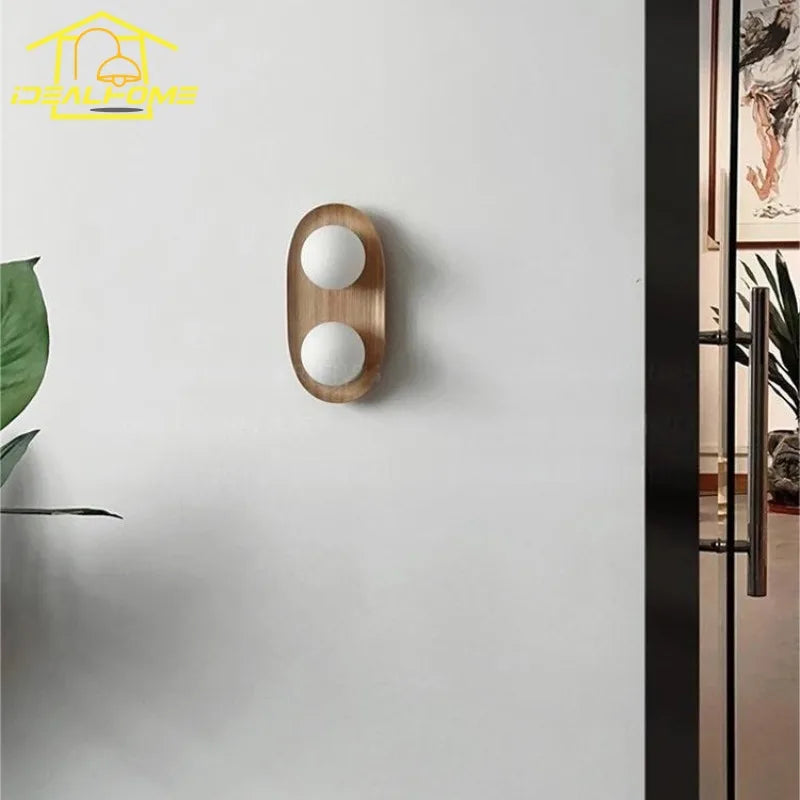 Afralia™ Round Glass LED Wall Lamp Double Head Solid Wood Minimalist Designer
