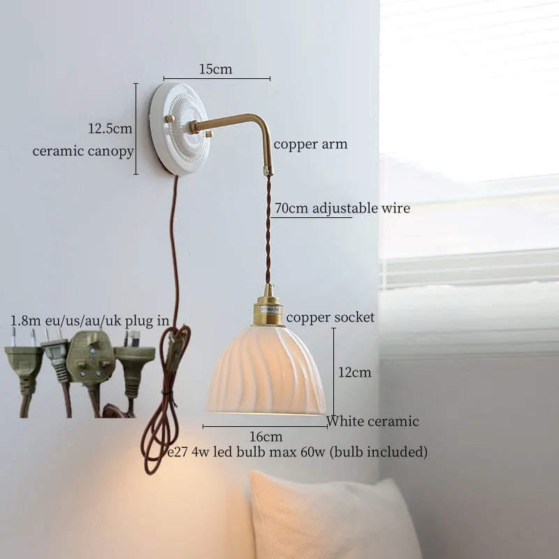 Afralia™ Ceramic Wall Sconce with Copper Arm | Pull Chain Switch LED Bedroom Lamp