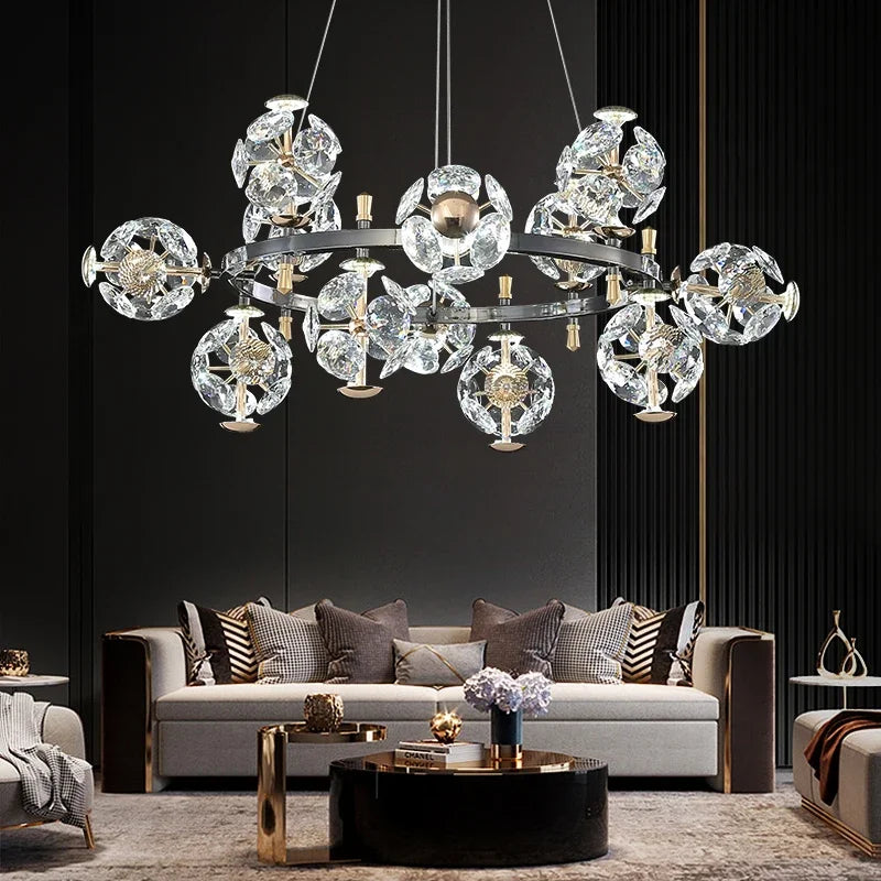 Afralia™ Sunflower Crystal Chandelier: Luxury Gold & Black LED Pendant Light