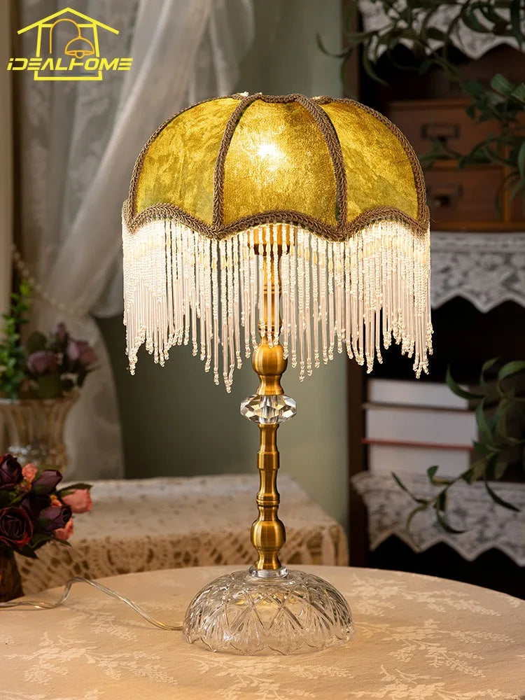 Afralia™ Gold Lustre Tassel Table Lamp LED E27 Vintage Classical for Bedroom Girls