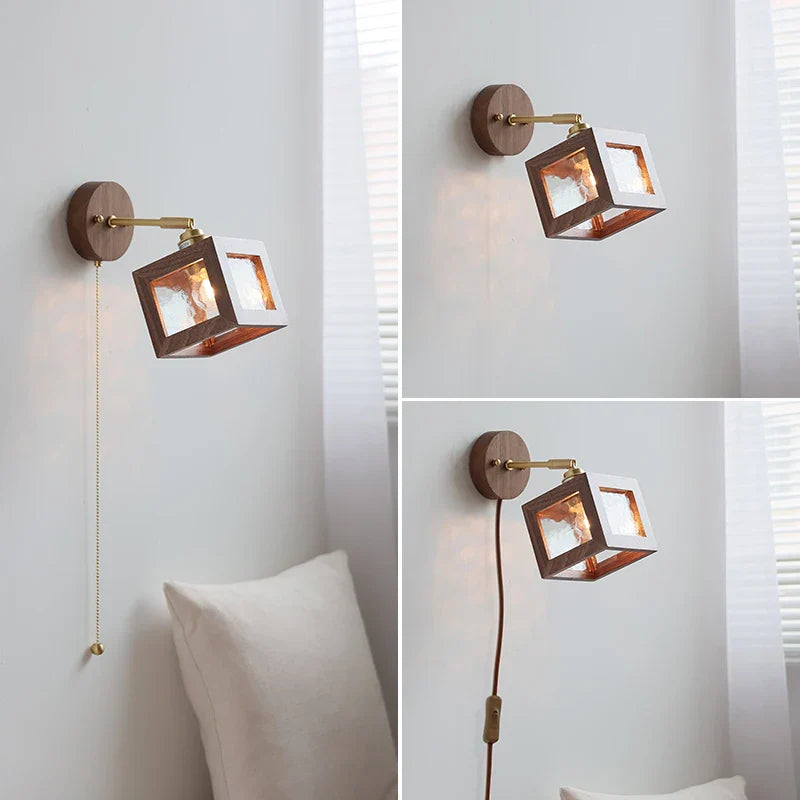 Afralia™ Clear Glass LED Wall Light Fixture Walnut Wood Pull Chain Switch Nordic Modern Wall Lamp