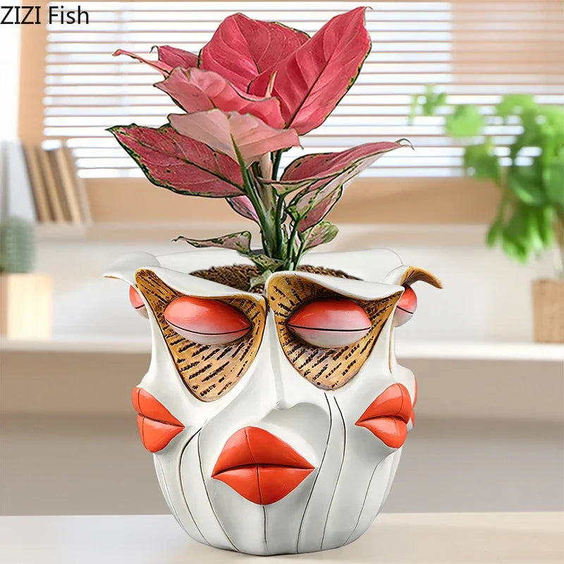Afralia™ Red Lips Face Vase Artificial Flower Arrangement Desk Decoration