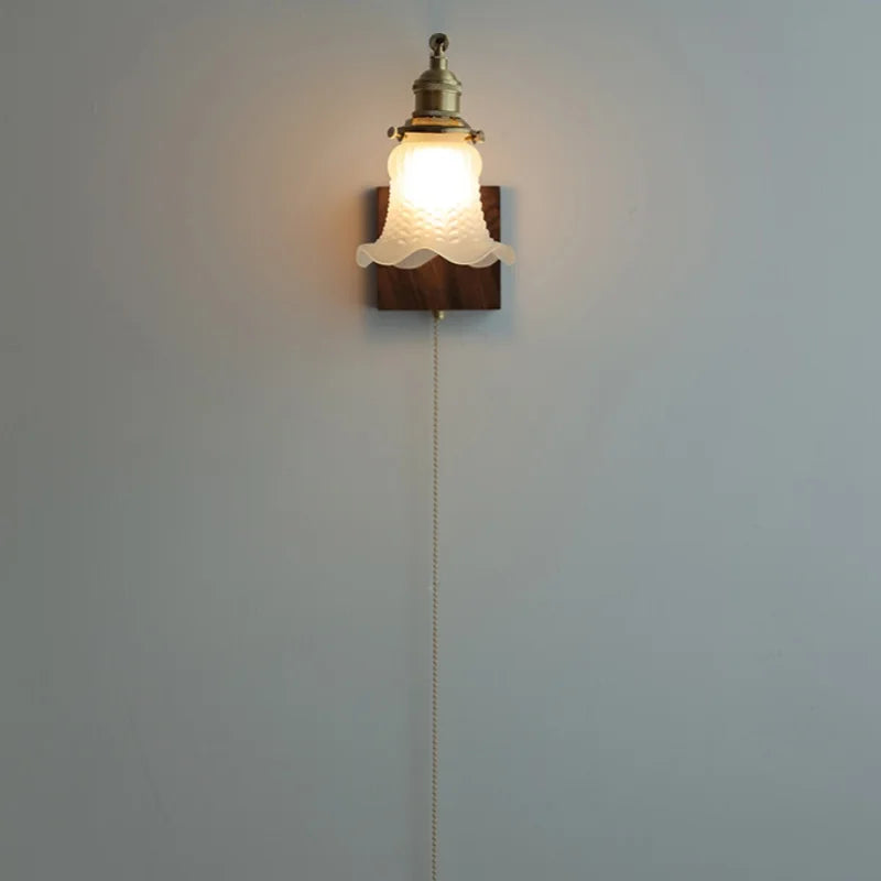 Afralia™ Brass Walnut Wood LED Wall Sconce with Pull Chain Switch & Flower Glass