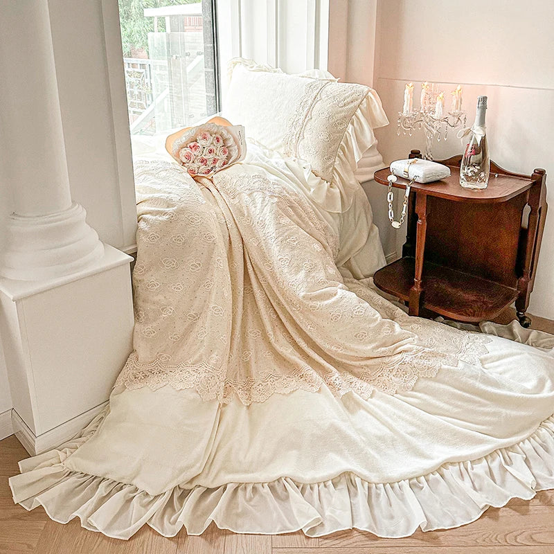 Afralia™ Velvet Fleece Lace Ruffles Bedding Set, French Palace Patchwork, Queen & King Sizes