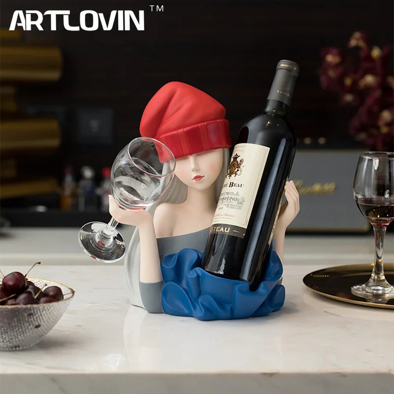 Afralia™ Elegant Girl Sculpture Wine Rack & Glass Holder Home Decor Wine lover Gift