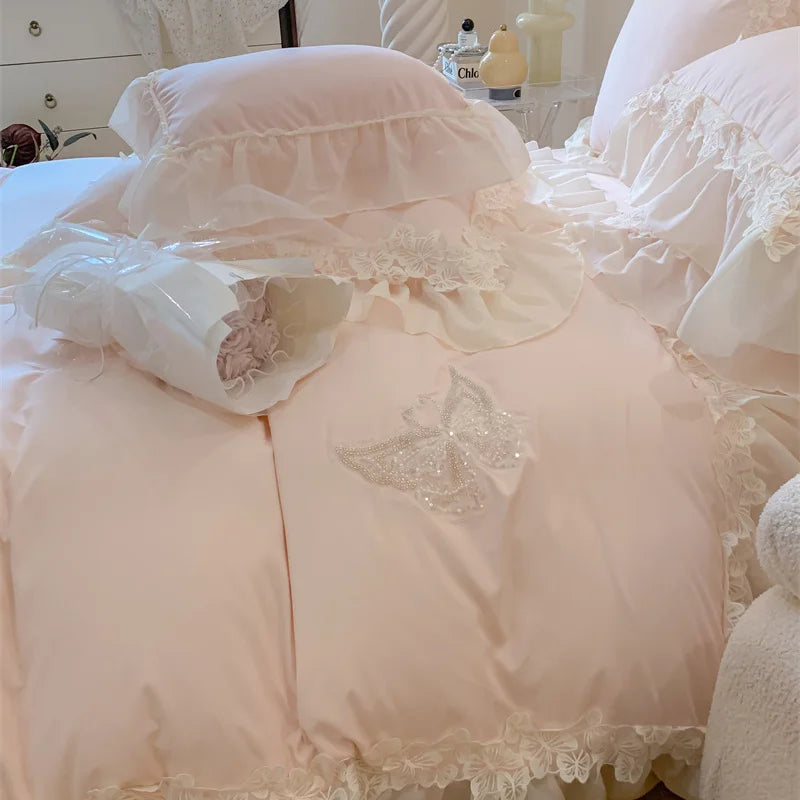 Afralia™ Pink Lace Butterfly Embroidery Bedding Set 4Pcs, Princess Wedding Theme