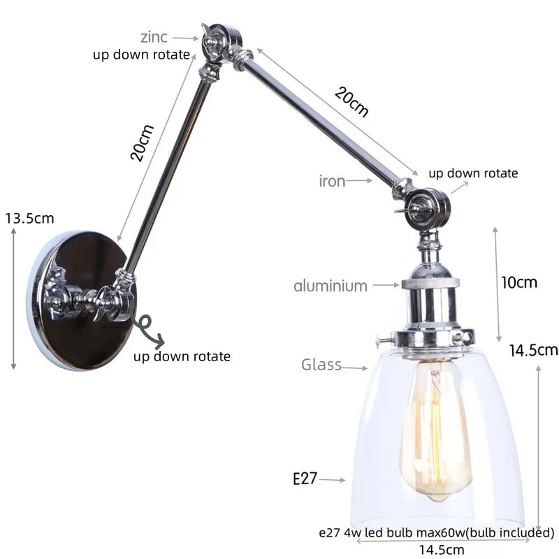 Afralia™ Chrome Industrial LED Wall Sconce Swing Arm Clear Glass Lamp