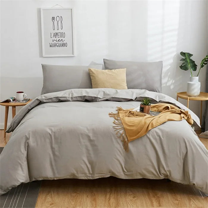 Afralia™ Cotton 4pcs Bedding Set Double Queen Solid Color Duvet Cover Flat Bed Sheet