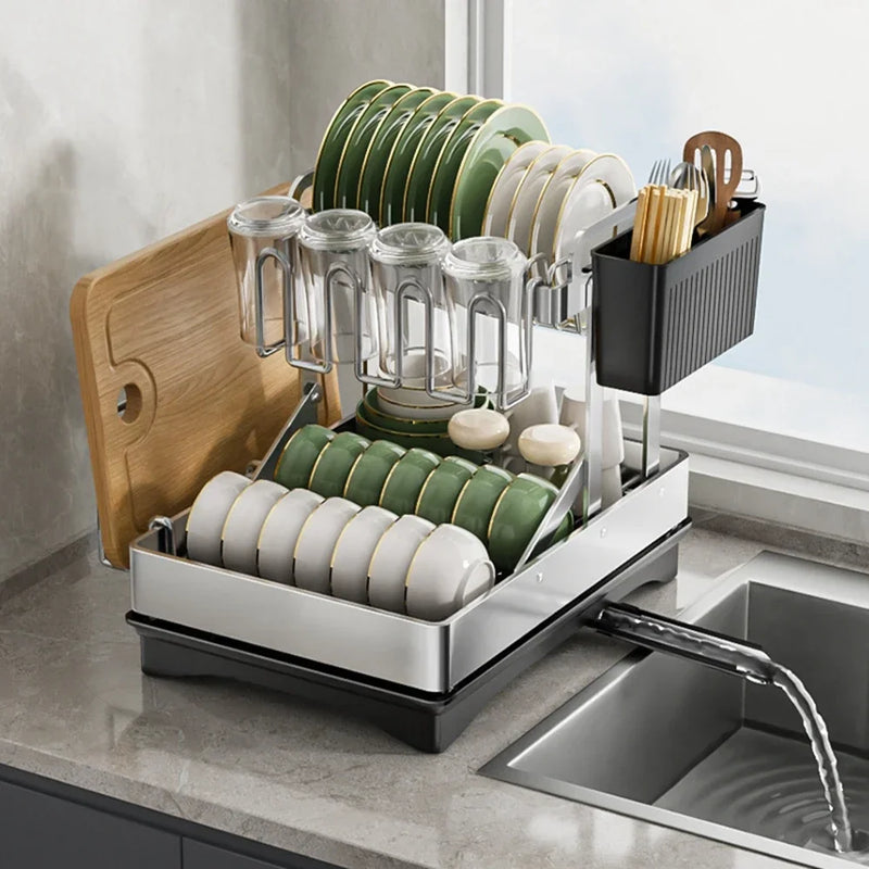 Afralia™ 2 Tier Dish Drainer Rack & Drain Basket: Kitchen Organizer Holder, Counter Storage