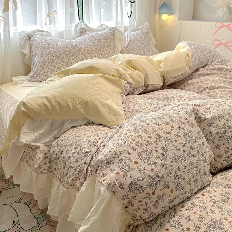 Afralia™ French Washed Cotton Princess Flower Quilt Cover Set - Spring Floral Bedding