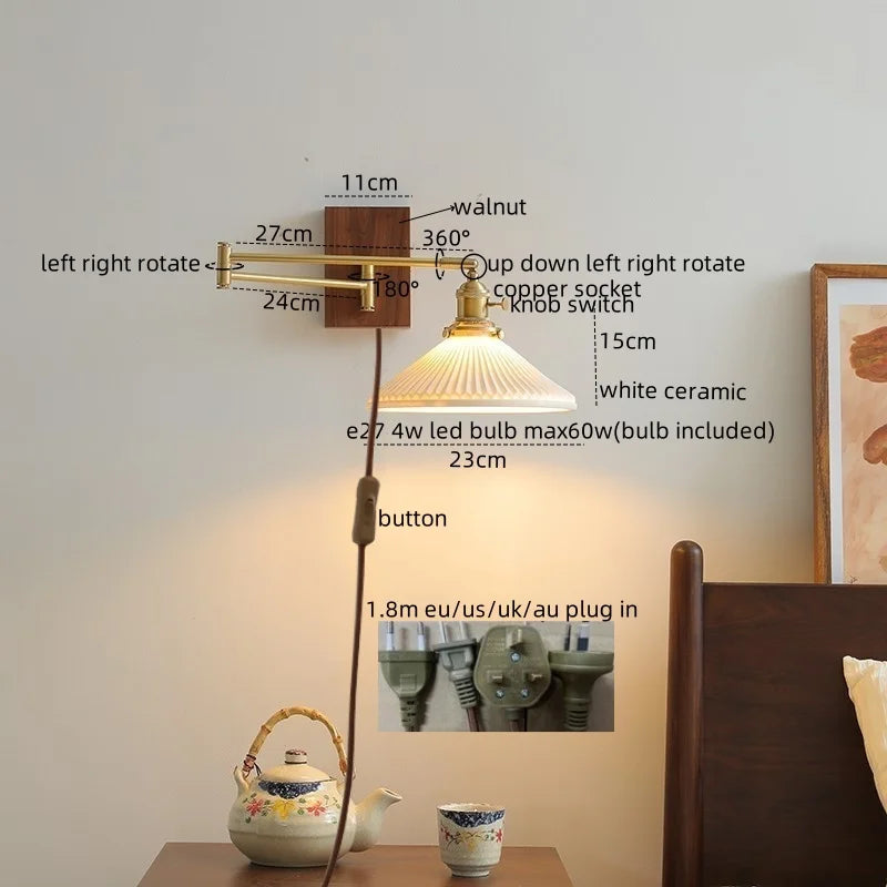 Afralia™ Ceramic Walnut LED Wall Lights for Modern Bedroom Living Room, Pull Chain Switch