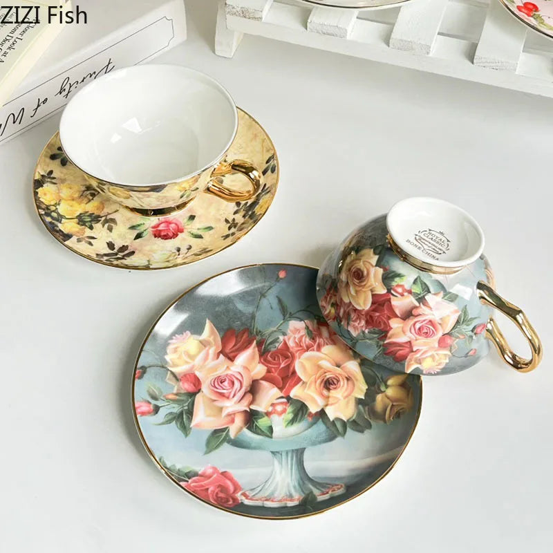 Afralia™ Flowers Pattern Porcelain Coffee Cup & Saucer Set - Exquisite Tea & Juice Mug