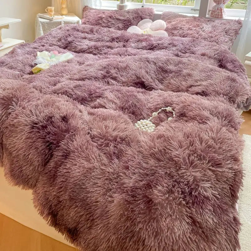 Afralia™ Shaggy Faux Rabbit Fur Bedding Set: Cozy Gradient Coral Fleece Quilt, Duvet Cover, Pillowcases