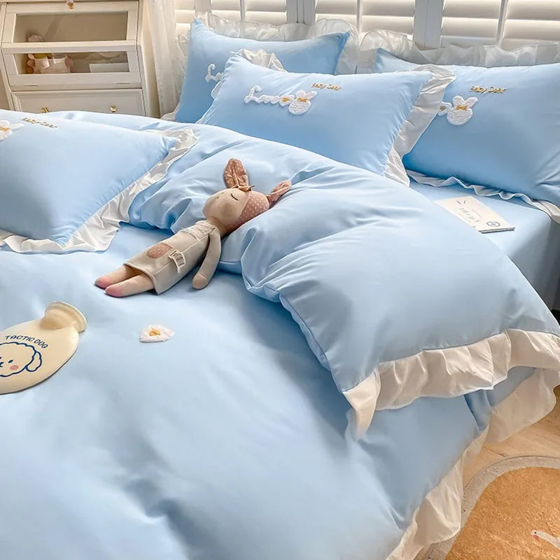 Afralia™ Cartoon Princess Embroidered Cotton Bedding Set for Adult Girls