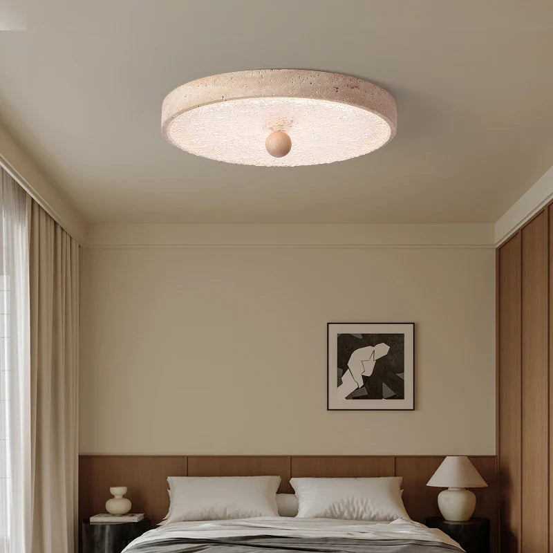 Afralia™ Wood LED Ceiling Lamp: Modern Round Yellow Travertine Light for Living Room