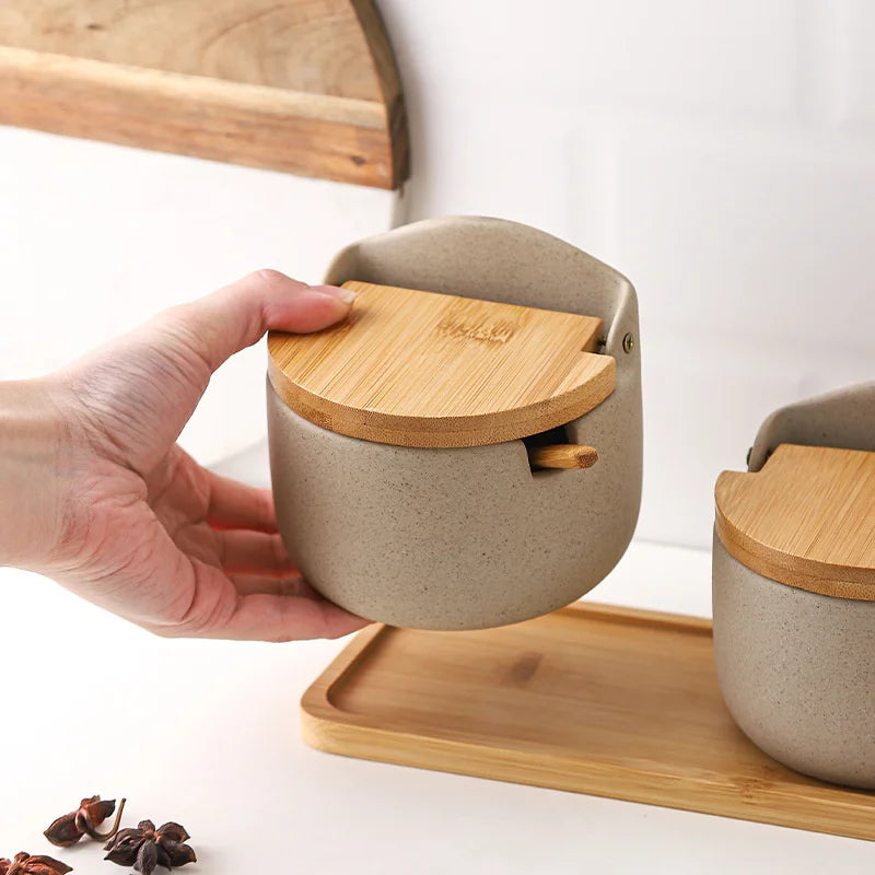 Afralia™ Ceramic Seasoning Jar Set with Bamboo Lid and Spoon