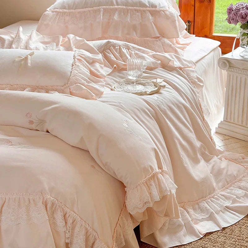 Afralia™ Pink Princess Lace Flowers 1200TC Egyptian Cotton Bedding Set