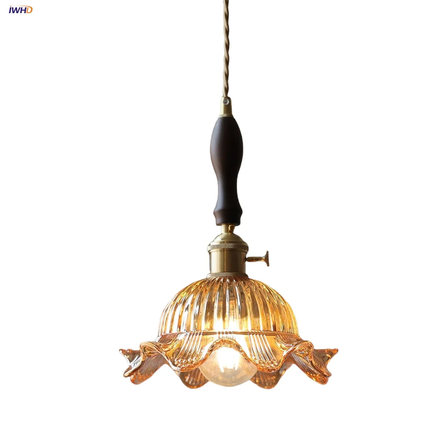 Afralia™ Nordic LED Flower Glass Pendant Light Fixture with Walnut Wood - Amber Glass