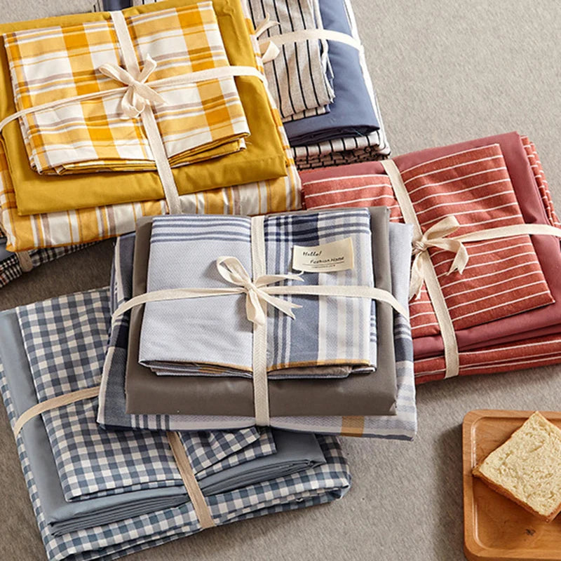 Afralia™ Japanese Grid Printed Cotton Bedding Set in Queen/King for Cozy Sleep