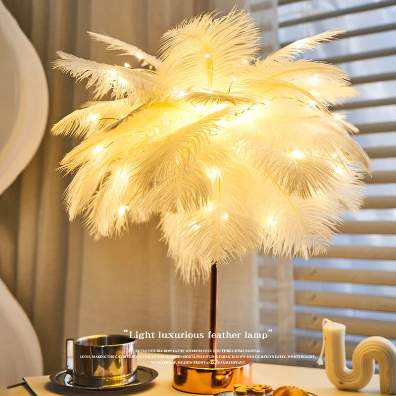 Afralia™ Feather Table Lamp: Creative Warm White Light Tree with Pink & White Feather Lampshade