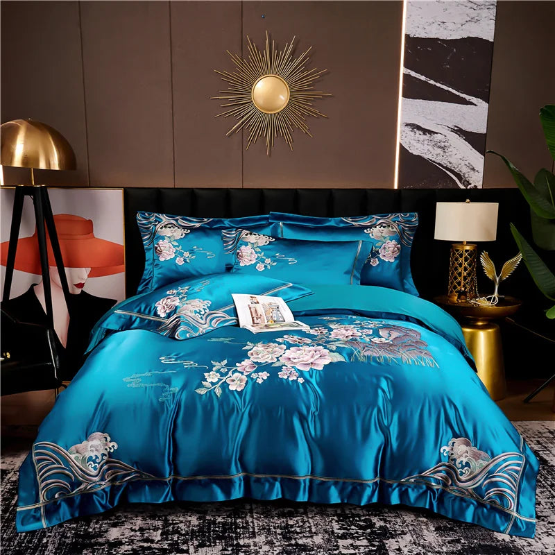 Afralia™ Peony Flowers Embroidery Bedding Set - Luxury Chinese Style - Duvet Cover & Sheets