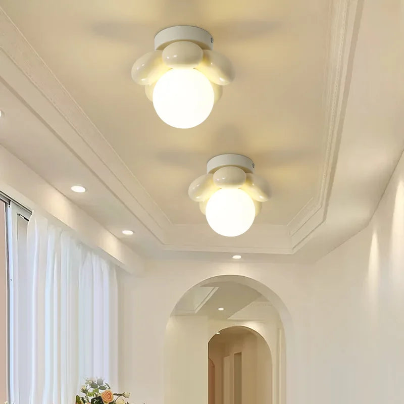 Afralia™ Nordic Glass Ball Flower Ceiling Lamp Cream LED Lights for Corridor Balcony & Porch