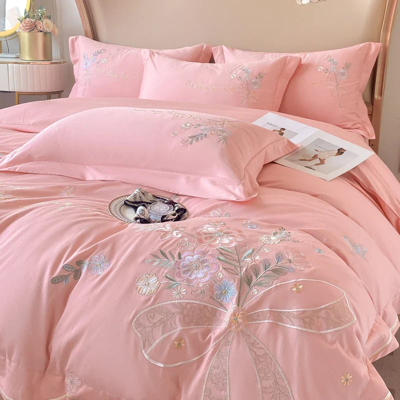 Afralia™ Chic Flowers Embroidery Bedding Set, 100% Cotton, 400TC