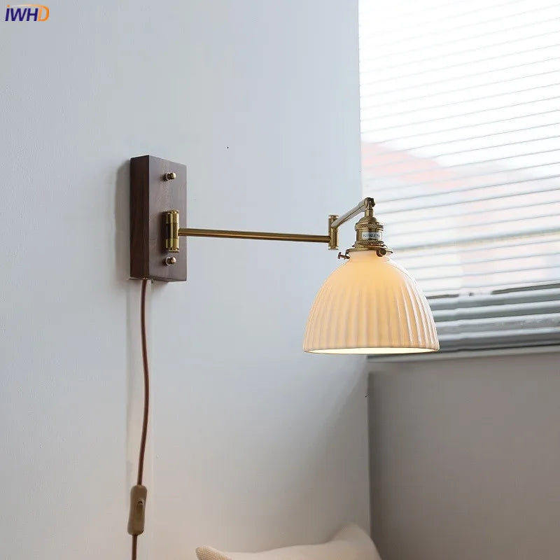 Afralia™ Copper Arm LED Wall Sconce Switch Light, Adjustable Lampshade, Pull Chain, Beside Lamp
