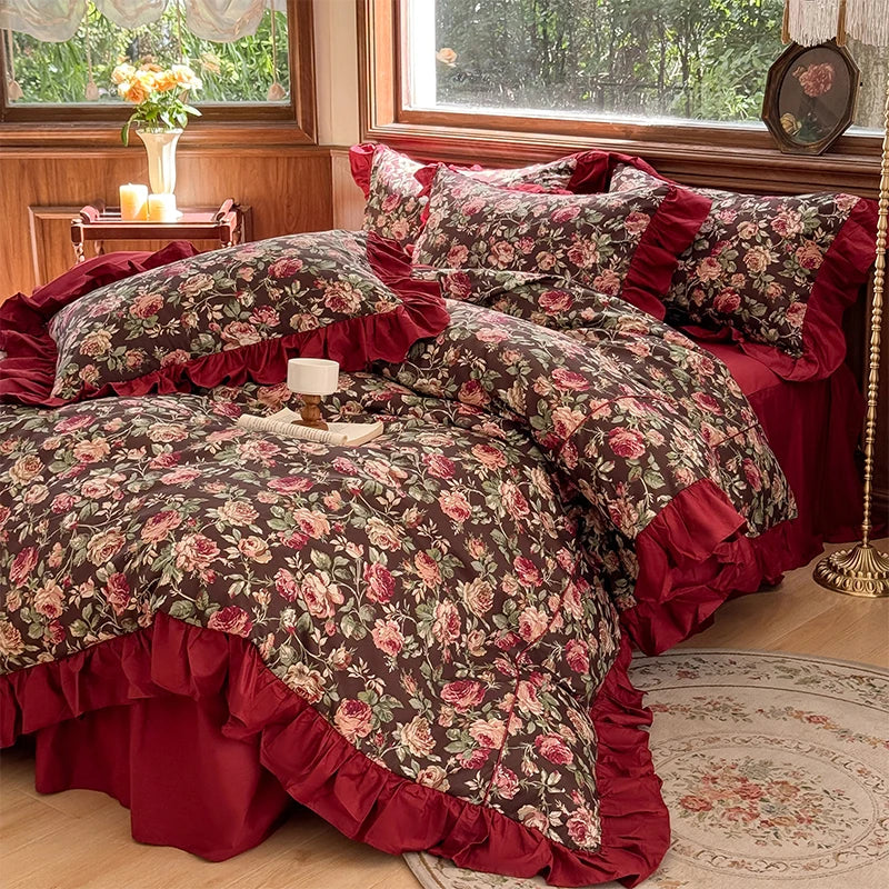 Afralia™ Princess Ruffles Rose Flowers Bedding Set with Pillowcase - 4Pcs