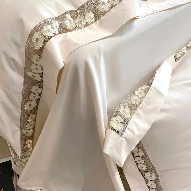 Afralia™ Luxury Egyptian Cotton Flowers Duvet Cover Set, Champagne Grey, Orange