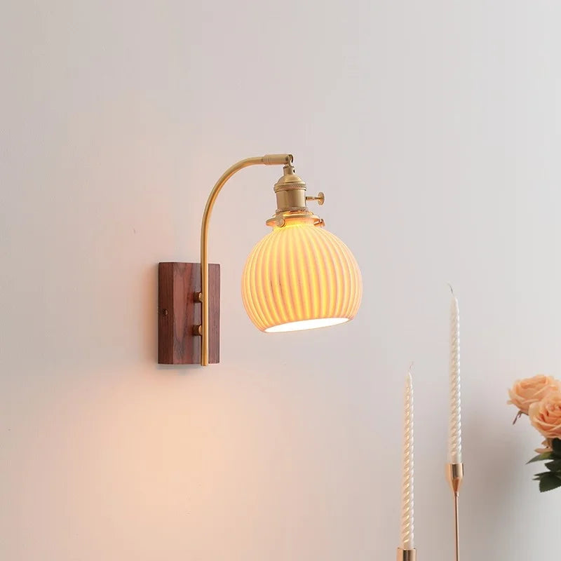 Afralia™ Ceramic Walnut LED Wall Lights Modern Bedside Lamp - Knob Switch