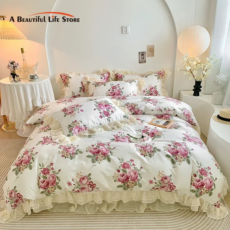 Afralia™ Vintage Rose Floral Double Layer Lace Ruffles 100% Cotton Bedding Set