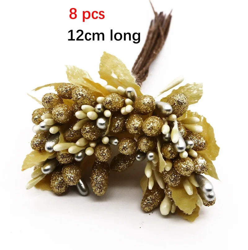 Afralia™ Gold Hybrid Flower Cherry Stamen Berries Bundle for DIY Decor