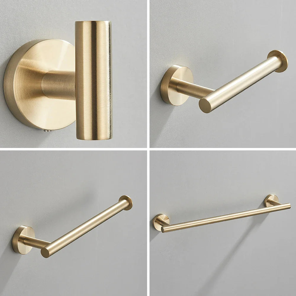Afralia™ Brushed Gold Bathroom Accessories Set: Towel Rail, Paper Holder, Hook, Stainless Steel