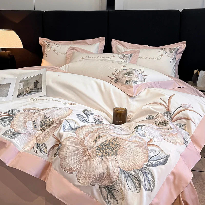 Afralia™ Pink Flowers Embroidery Cotton Luxury Bedding Set: Duvet, Sheet, Pillowcases - 4Pcs