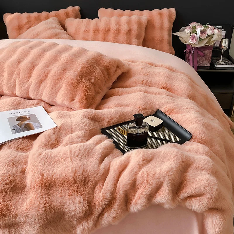 Afralia™ Gradient Faux Rabbit Fur Bedding Set - Warm Luxury Plush Duvet Cover & Quilt Sets