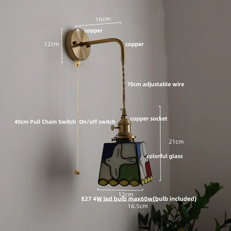 Afralia™ Tiffany Style Peace Dove Glass Wall Sconce LED Lamp with Adjustable Wire and Pull Chain Switch.