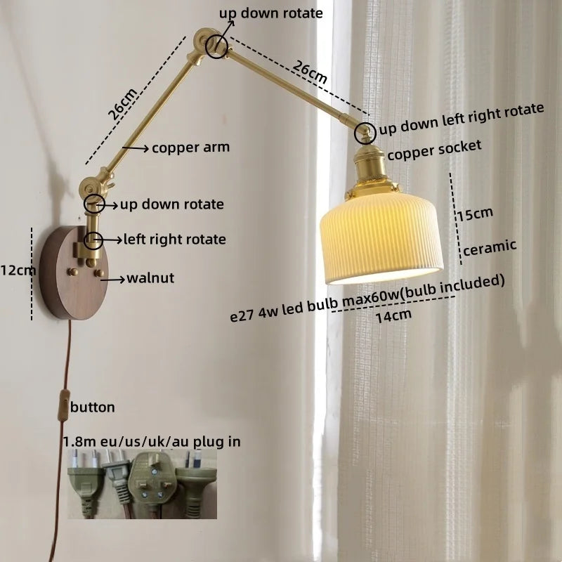 Afralia™ LED Wall Lamps Pull Chain Switch Modern Stair Light Fixtures, Ceramic Copper