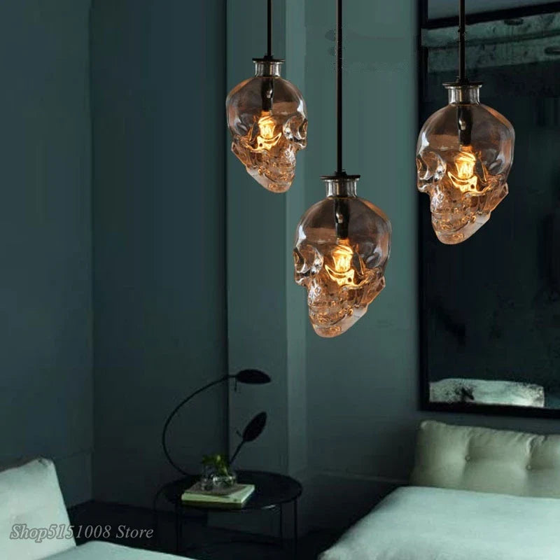 Afralia™ Skull Pendant LED Lights: Clear Glass Bottle, Vintage Industrial Hanging Lamp