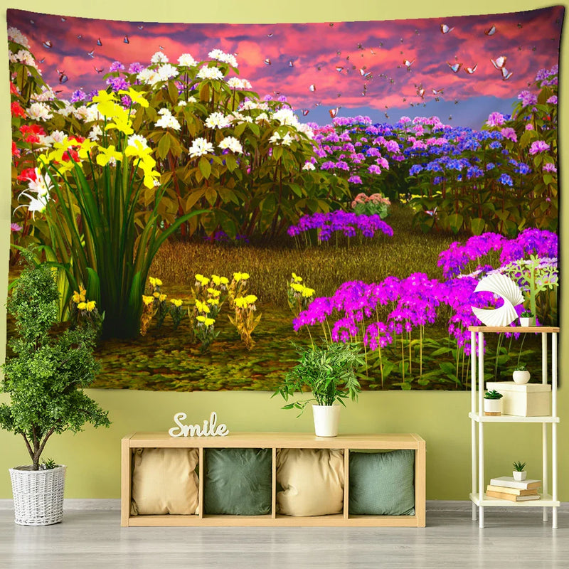 Rhododendron Bush Landscape Tapestry by Afralia™: Psychedelic Hippie Wall Decor for Living Room