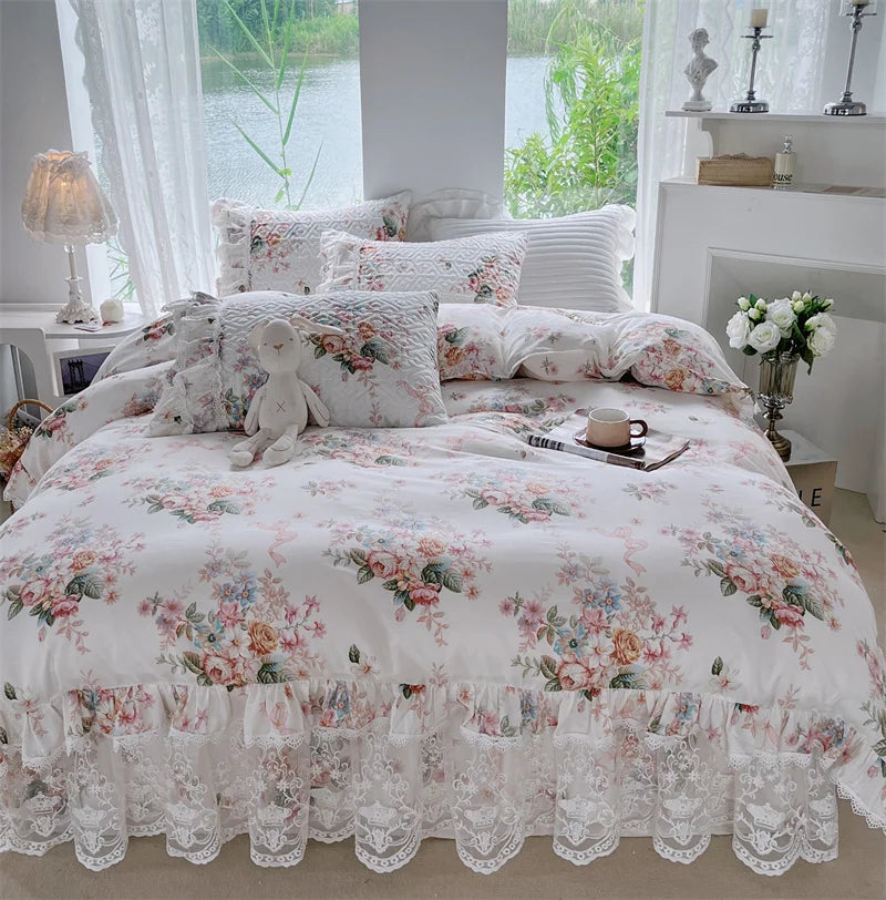 Afralia™ French Floral Print Bedding Set: Duvet Cover, Lace Ruffles, Quilted Embroidery, Pillowcases