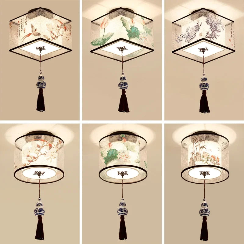 Afralia™ Lotus Chinese Chandelier Ceiling Lamp Simple Corridor Painting LED Lighting
