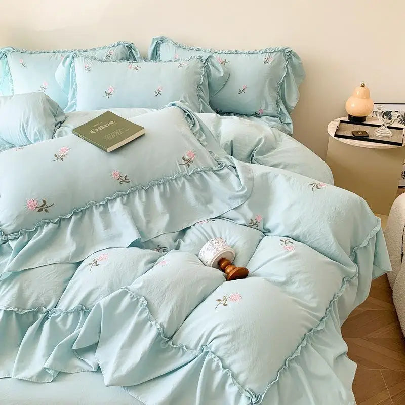 Afralia™ Rose Embroidered Princess Style Lace Bedding Set