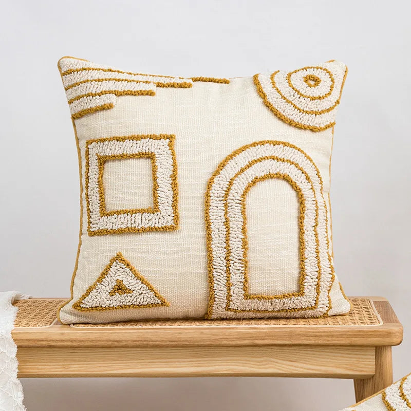 Afralia™ Geometric Tufted Cotton Canvas Embroidered Pillow Covers for Home Decor