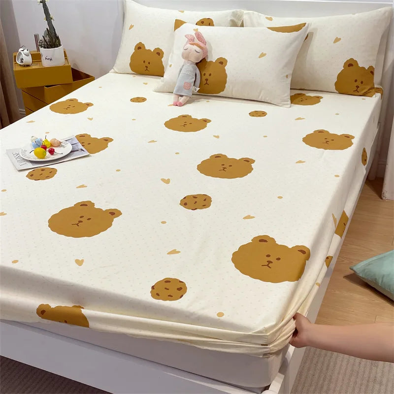 Afralia™ Fashion Flowers Print Cotton Fitted Sheet Single Piece Queen Size, Soft Pink Bed Linen