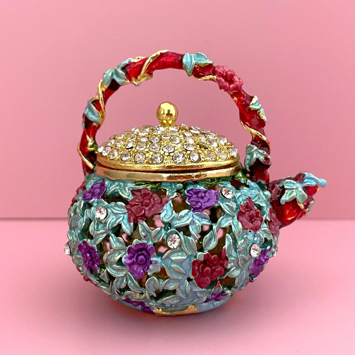Afralia™ Metal Teapot Trinket Box Crystal Hinged Figurine | Jewelry Storage Ring Holder