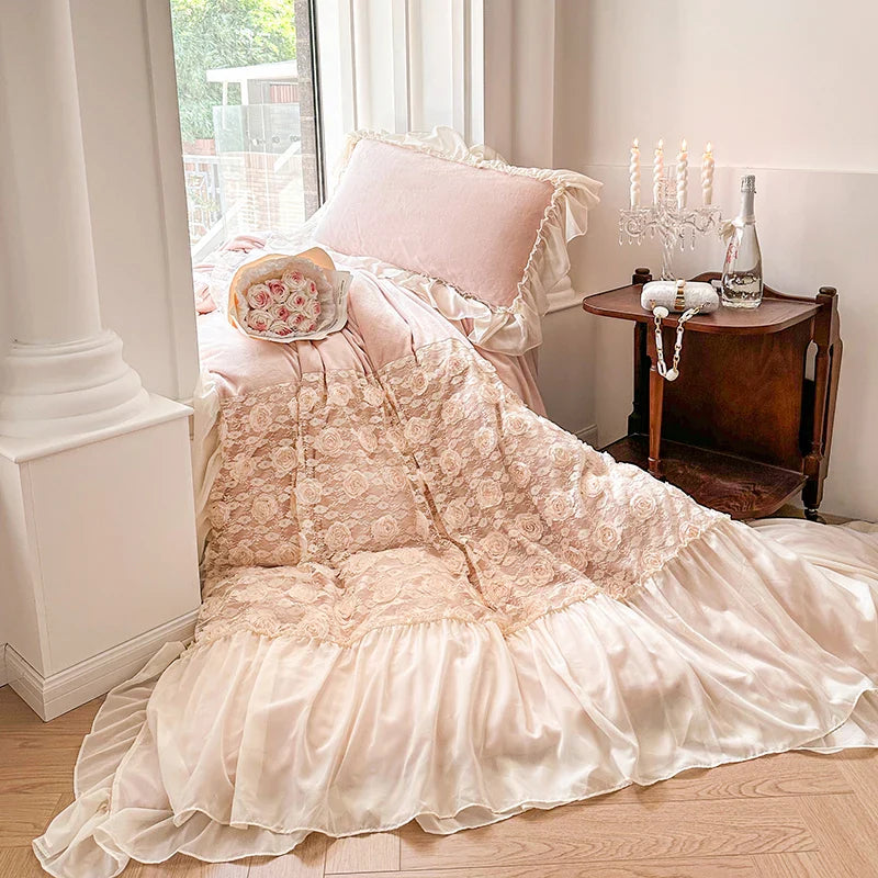 Afralia™ Pink Rose Lace Ruffles Bedding Set: Velvet Fleece, Duvet Cover, Sheet, Pillowcase